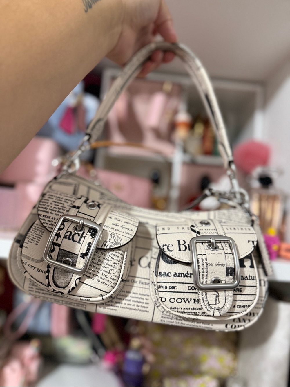 Coach Cream Newspaper Print Shoulder Bag with Buckle Pockets